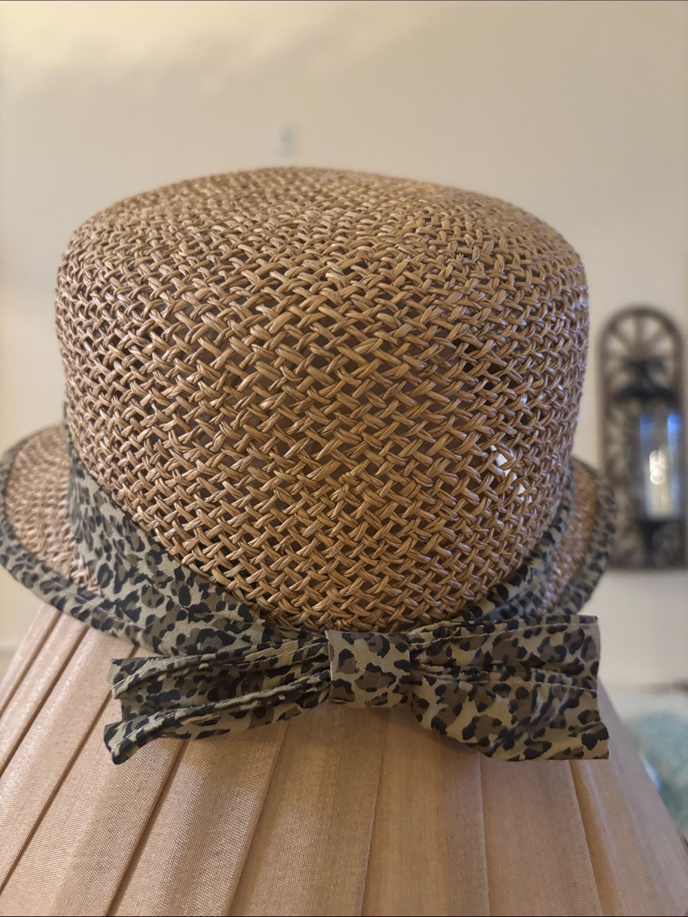 Woven Straw Sun Hat with Leopard Trim - Picture 3 of 5
